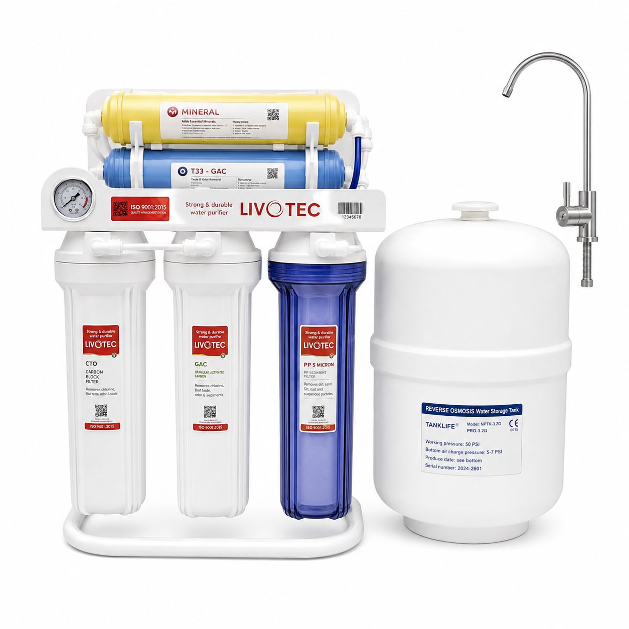 Livotec RO-100SM 6 Stages 100-GPD Water Purifier With Stand and Pressure Meter