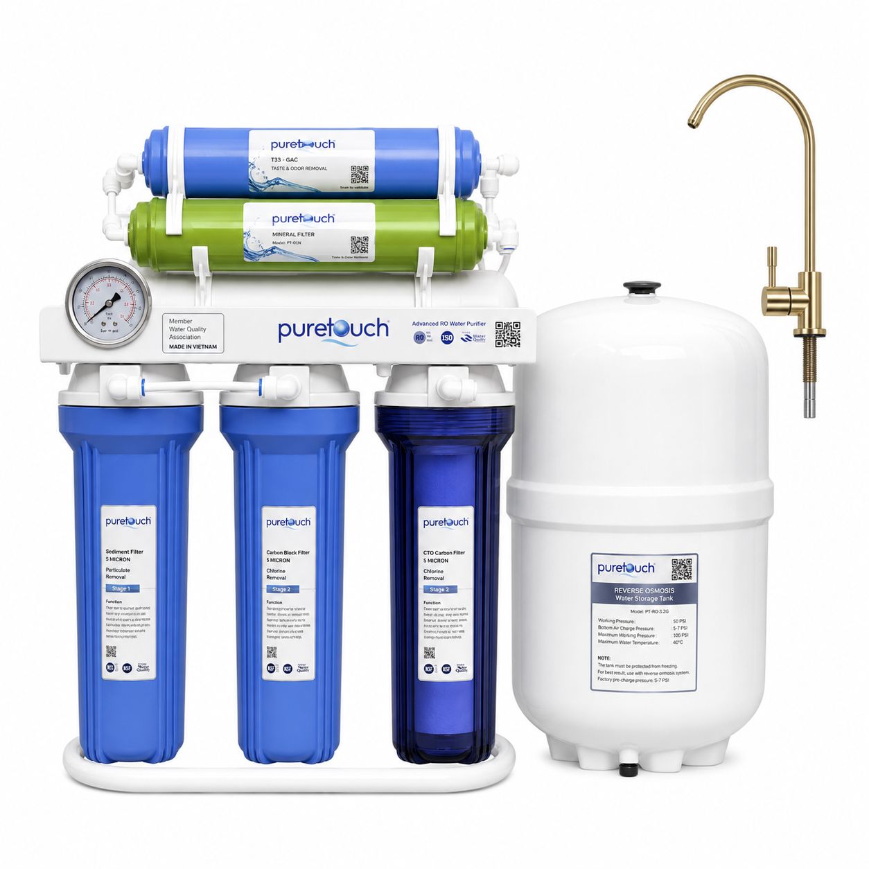 Puretouch PT-103SG BC 7 Stage 100-GPD With Stand and Pressure Meter